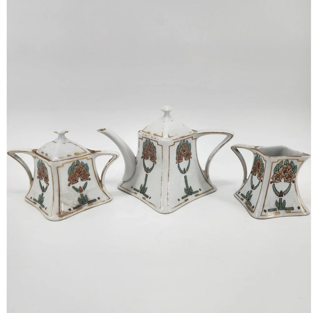 Antique Bavaria Favorite Hand Painted 3pc‎ Tea Set Art Nouveau Floral 1913